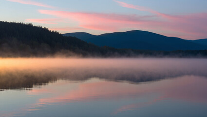 Obraz premium A tranquil lake at dawn with mist rising softly from the water, glowing golden as the sun begins to rise. The sky shifts from deep blue to soft pinks, and the lake reflects every color 