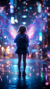 Urban nightscape illuminated by holographic wings emanating ethereal blue and pink light. Rain-slicked streets reflect neon signage, creating a mesmerizing mirror effect. 