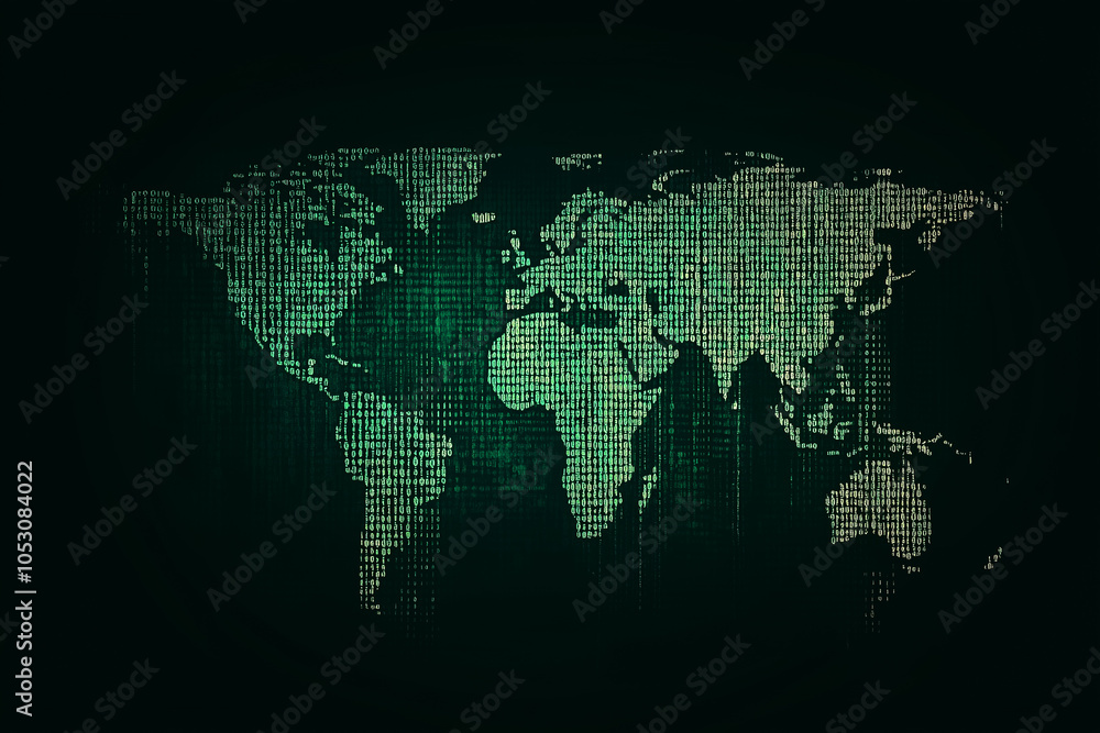 Poster a world map composed of binary code illustrates the fusion of technology and geography in a modern c