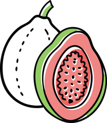 Illustration of guava with green leaf, Vector illustration of guava clustered together with a green leaf, showcasing a simple, minimalistic,stylized vector,colorful design.