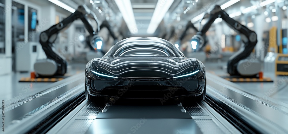Poster a sleek black sports car on an assembly line in a futuristic car factory. two robotic arms on either