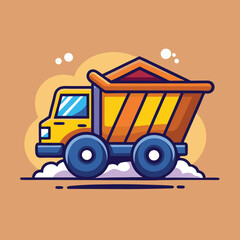 A cartoon illustration of a yellow dump truck with a red bed. © Fripixday