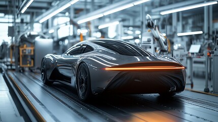 Obraz premium A sleek silver sports car moves along an automated production line in a modern factory.