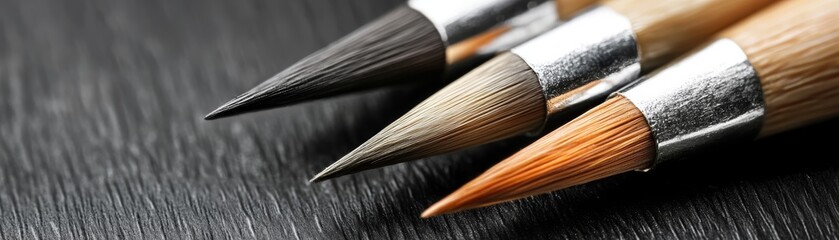 Fototapeta premium Trio of sharpened pencils poised on a sleek black surface three