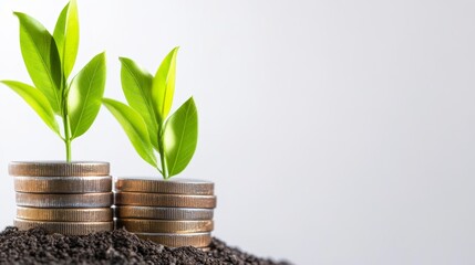 Green plant flourishing from a stack of coins illustrating financial growth and investment concept