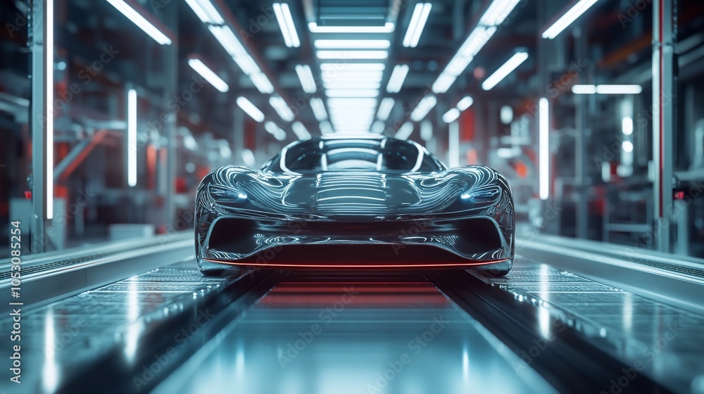Poster a sleek, futuristic car on an assembly line in a factory.