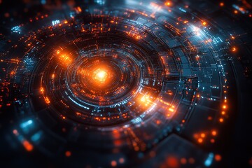 Obraz premium Abstract futuristic circular design with glowing orange and blue lights.