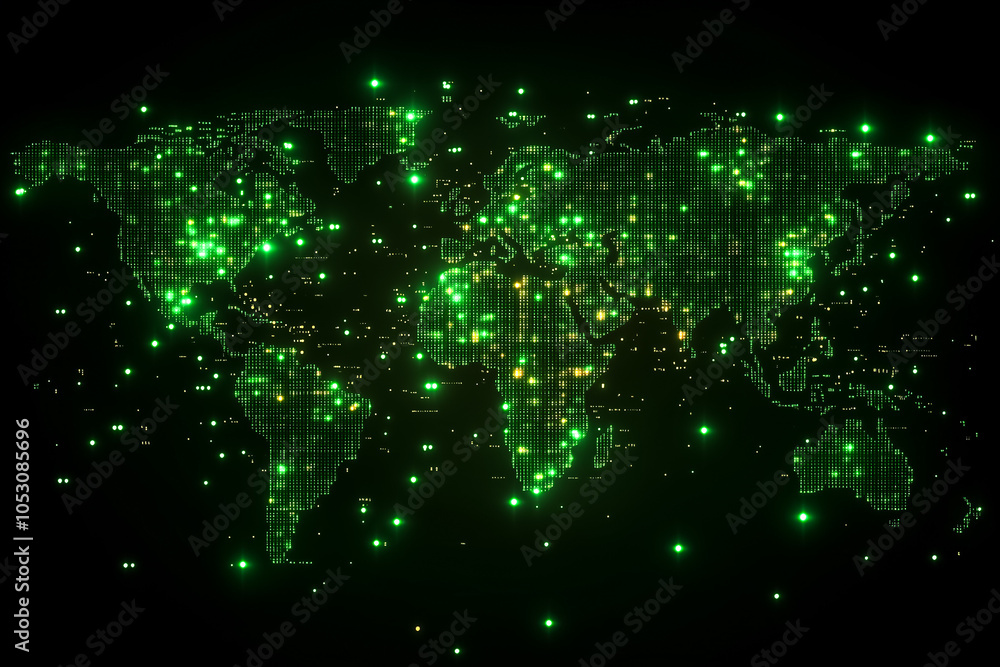 Poster this artwork features a vibrant world map of glowing binary code, highlighting digital connectivity