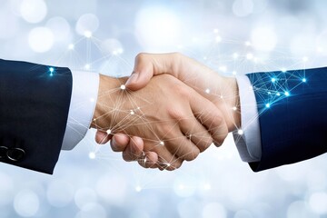 Professional handshake symbolizing collaboration, partnership, and trust in a modern business environment with a digital backdrop.