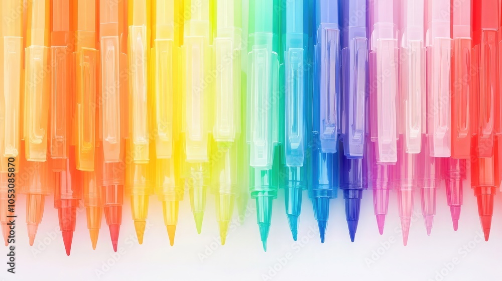 Poster assorted neon highlighters arranged in a rainbow pattern isolated on white background