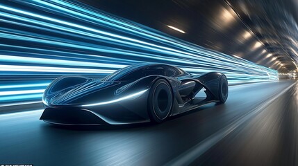 A sleek, futuristic sports car speeds through a tunnel with blue streaks of light representing speed.