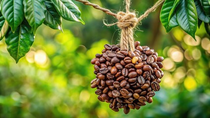 A bundle of coffee beans tied with twine and hanging from a tree branch, tree, greenery, branch, coffee beans, agriculture