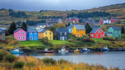 Obraz premium Colorful Houses on a Hillside with Boats in a Calm Inlet
