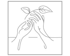 Vector continuous one line hands hold leaves illustration Continuous line drawing of growing plant between two human hands meaning care and love. Vector illustration.