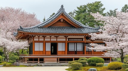 Fototapeta premium Traditional Japanese Wooden House with Cherry Blossom Trees