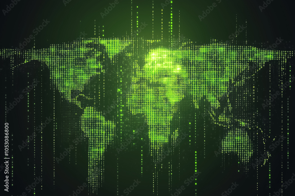 Poster a digital representation of a world map composed of binary code, showcasing global connections in vi