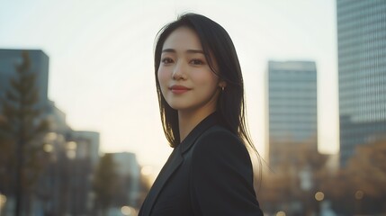 A professional Japanese woman in a sleek black suit with flowing black hair, set against a modern urban backdrop, exuding strength and determination.