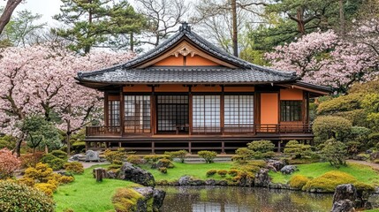 Japanese Traditional House Surrounded by Cherry Blossoms and a Pond