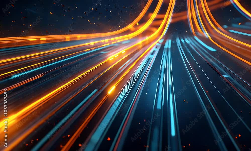 Poster digital technology background with light trails on road, data transfer and connection concept
