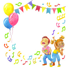 Cool school age girl and boy dancing at a kids party. Watercolor festive frame with holiday elements: balloons and garlands of flags, strewn with flying notes. Cartoon background with space for text