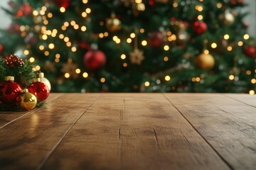 Empty table in front of christmas tree with decorations background. For product display montage