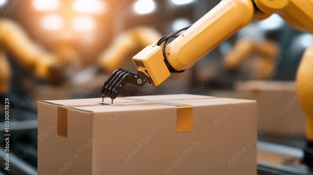 Poster robotic arm handling boxes in industrial setting