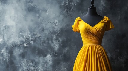 Bright yellow dress on mannequin with soft gray background