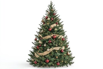 Fototapeta premium Christmas tree Isolated Christmas tree decorated with ornaments and burlap garland Christmas tree