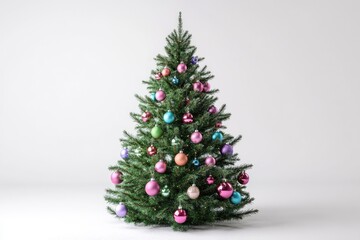 Fototapeta premium Festive Christmas tree with colorful ornaments on white background.
