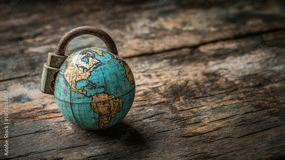 Poster a symbolic image of a globe and a lock placed on a rustic wooden surface, representing global securi