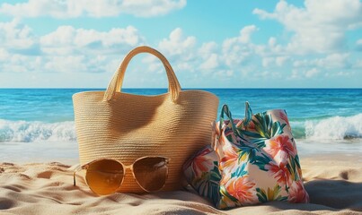 A straw beach bag and sunglasses sit on the sandy shore of a beach with blue water and sky in the background.