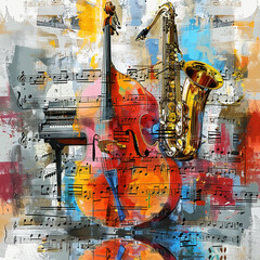 Obraz premium Abstract poster art for a jazz music performance with a saxophone, a base and a piano with music notes in shades of orange and black..