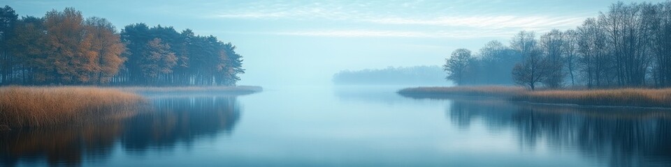 Fototapeta premium Serene lake landscape with misty reflections and autumn foliage.