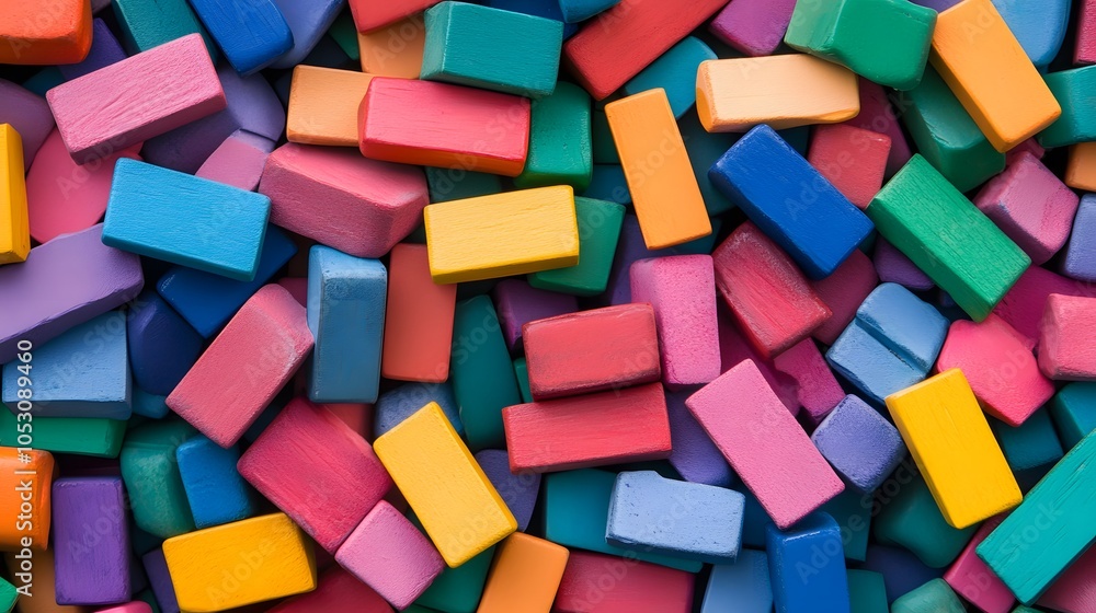 Poster a vibrant, colorful assortment of rectangular building blocks arranged randomly, showcasing various 