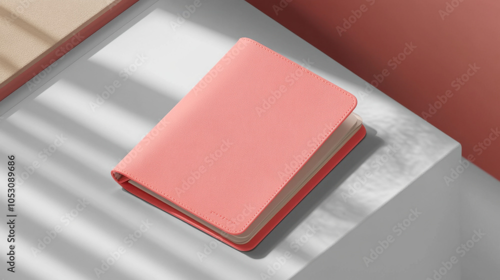 Poster a stylish pink notebook is placed on a clean surface, complemented by soft shadows and a muted backg