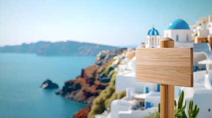 Wooden Signpost Overlooking Santorini s Picturesque White Buildings and Blue Domed Churches