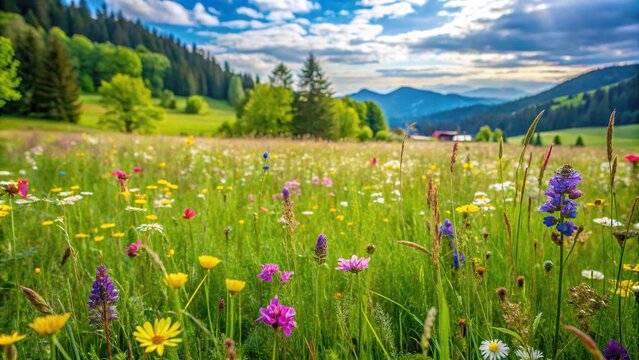 A close-up of a lush meadow filled with vibrant green grasses and wildflowers, wildflowers, earthy tones