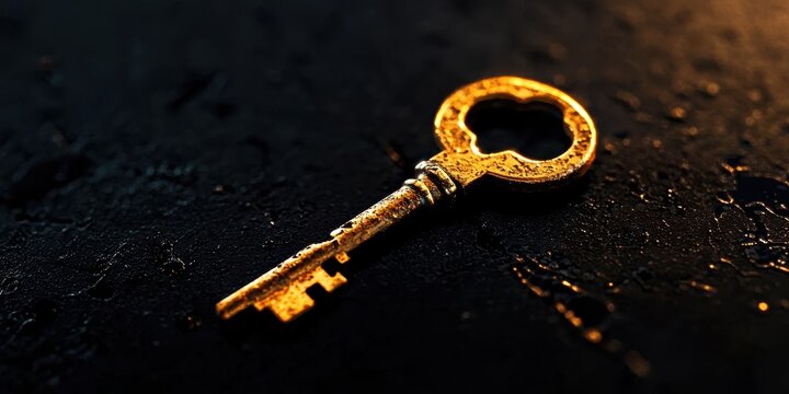 Antique golden key on a dark background, symbolizing unlocking potential and opportunities.