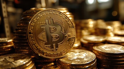 A close-up of a single bitcoin coin standing out from a pile of other bitcoins.