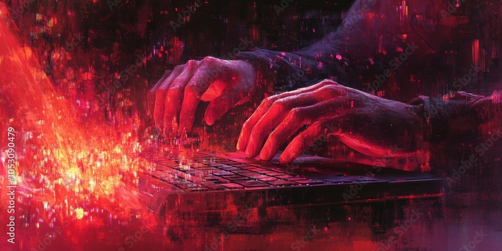 Poster hacker unleashing digital chaos, a gripping depiction of a hacker's hands poised over a keyboard, re