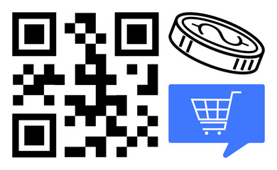 QR code, blue shopping cart icon within dialog box, and coin symbol indicate e-commerce and digital payment options. Ideal for online shopping, contactless transactions, mobile wallets, retail