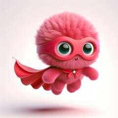 Fototapeta premium 3D superhero A little pink & red monster flying with a cloak and mask