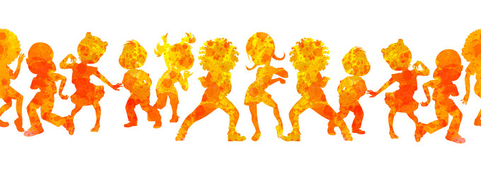 Seamless border or frame with silhouettes of school age children celebrating something, dancing in kids party. Isolated endless illustration for children dancing party design, prints and decorations