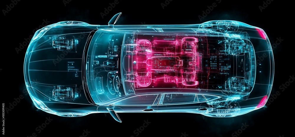 Poster a top view of a car's chassis, showcasing the engine and internal components in a glowing, futuristi