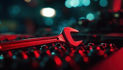 Close-up of a wrench on a dark surface with colorful lighting, showcasing tools in a work environment.