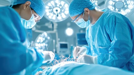 Surgeons performing a delicate operation in a sterile environment, showcasing medical expertise and teamwork in a hospital setting.
