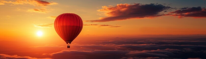 Obraz premium Colorful hot air balloon soaring above clouds during sunset, capturing the essence of adventure and freedom.