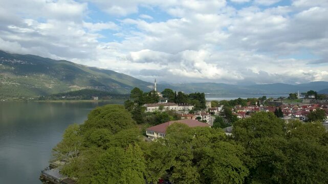Ioannina Old City Castle and Aslan Pasha Mosque, Aerial View of Town and Lake Pamvotis, Dolly Shot