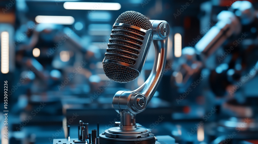 Fototapete A vintage microphone sits on a stand in a futuristic factory setting with robotic arms in the background.