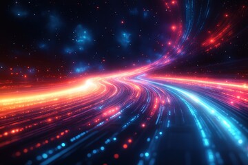 Naklejka premium Abstract glowing lines and stars in a dark space, like a futuristic tunnel or path.